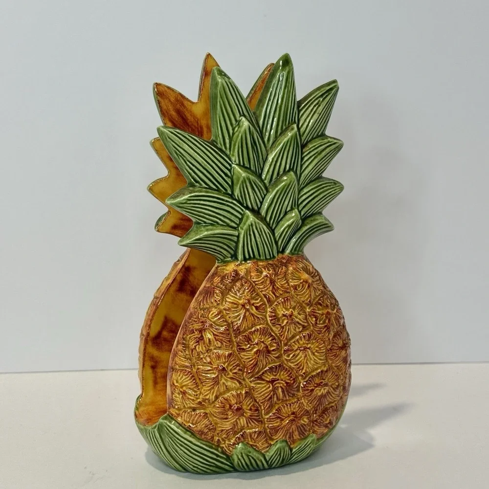 Vintage Ceramic Pineapple Napkin Holder Hand Painted Tropical Kitchen Decor